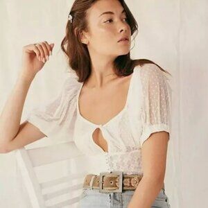 Free People Heartstrings Lace Mesh Smocked Puff Sleeve Crop Top M
